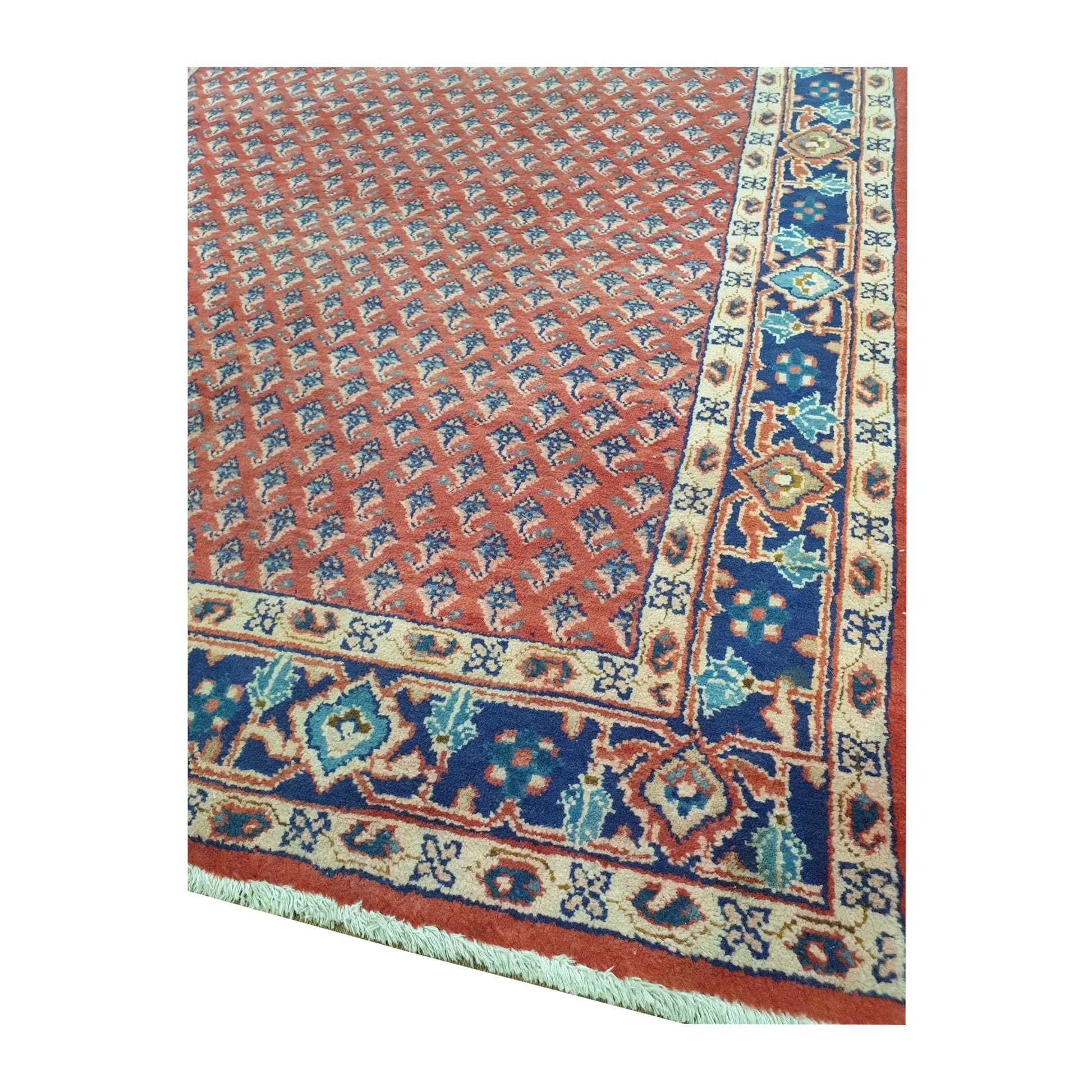 Corner border and fringe detail of Vintage Persian Sarouk Mir Boteh wool runner rug with blue border and red field, 355 x 135 cm