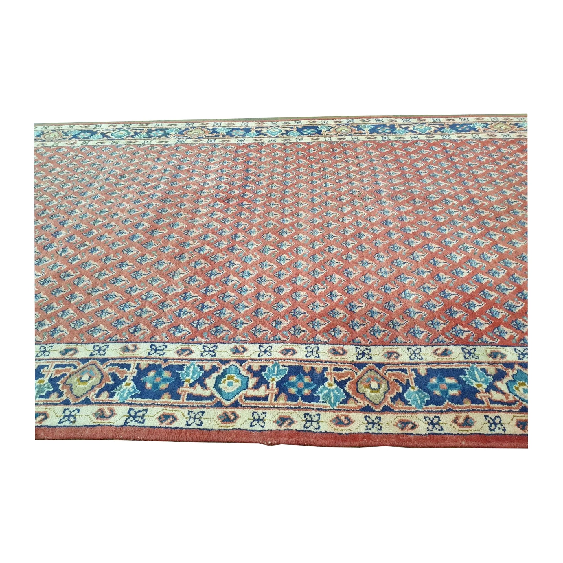 Lower border and field detail of Vintage Persian Sarouk Mir Boteh wool runner rug with red boteh pattern, 355 x 135 cm