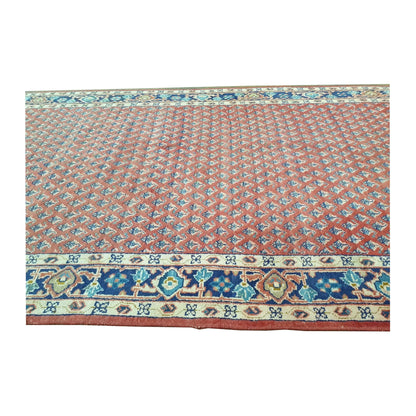 Lower border and field detail of Vintage Persian Sarouk Mir Boteh wool runner rug with red boteh pattern, 355 x 135 cm