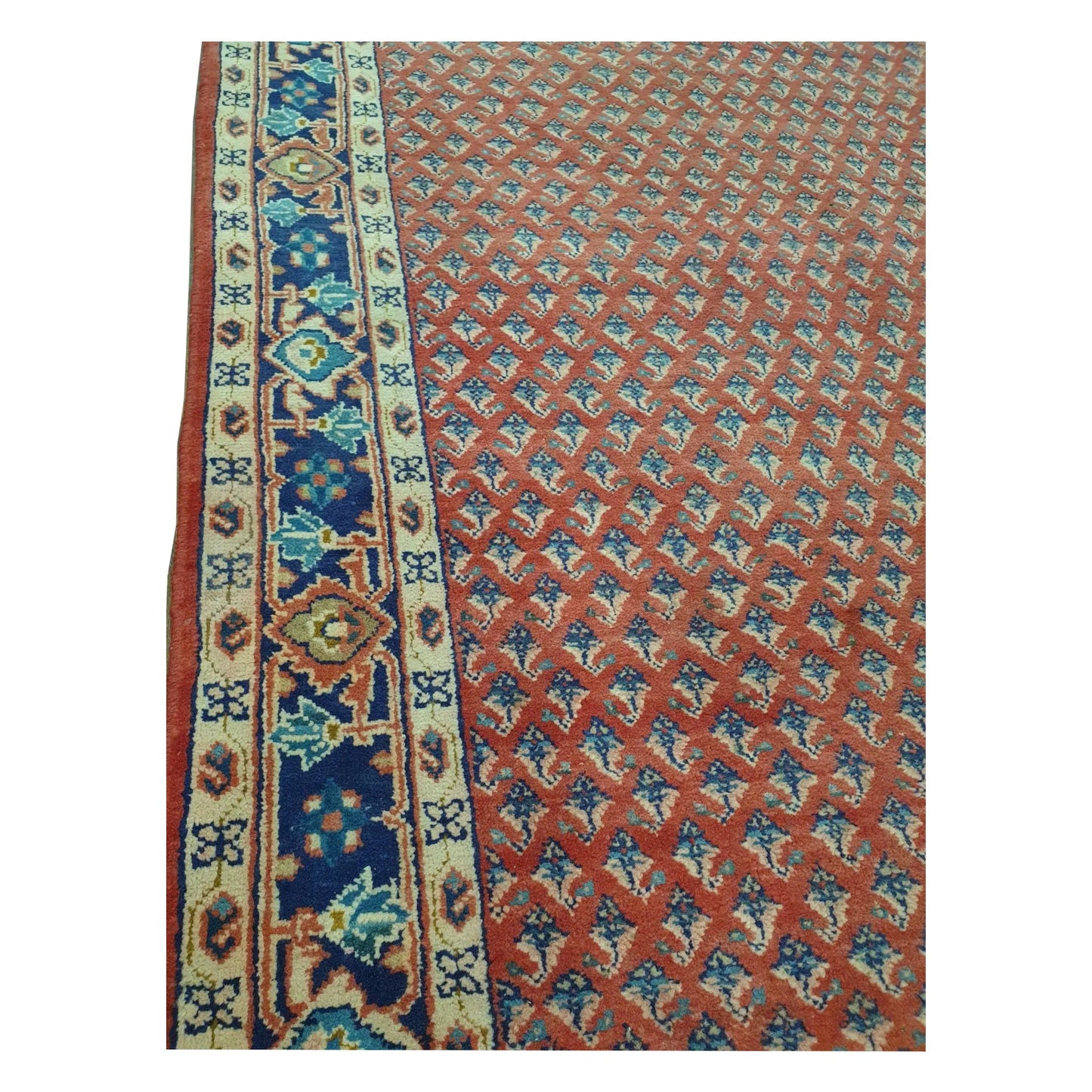Side border and field detail of Vintage Persian Sarouk Mir Boteh wool runner rug with repeating red boteh motifs, 355 x 135 cm