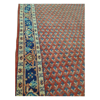 Side border and field detail of Vintage Persian Sarouk Mir Boteh wool runner rug with repeating red boteh motifs, 355 x 135 cm