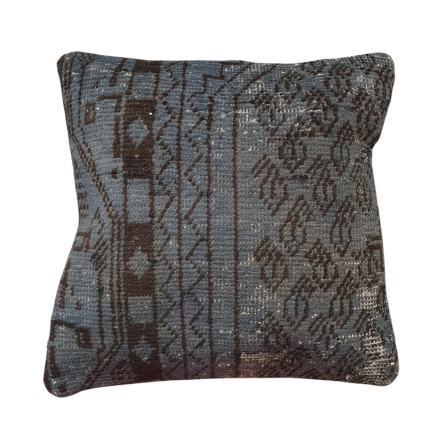 Front view of vintage Persian slate blue overdyed cushion cover with dark brown floral and border motifs, approximately 45 x 45 cm