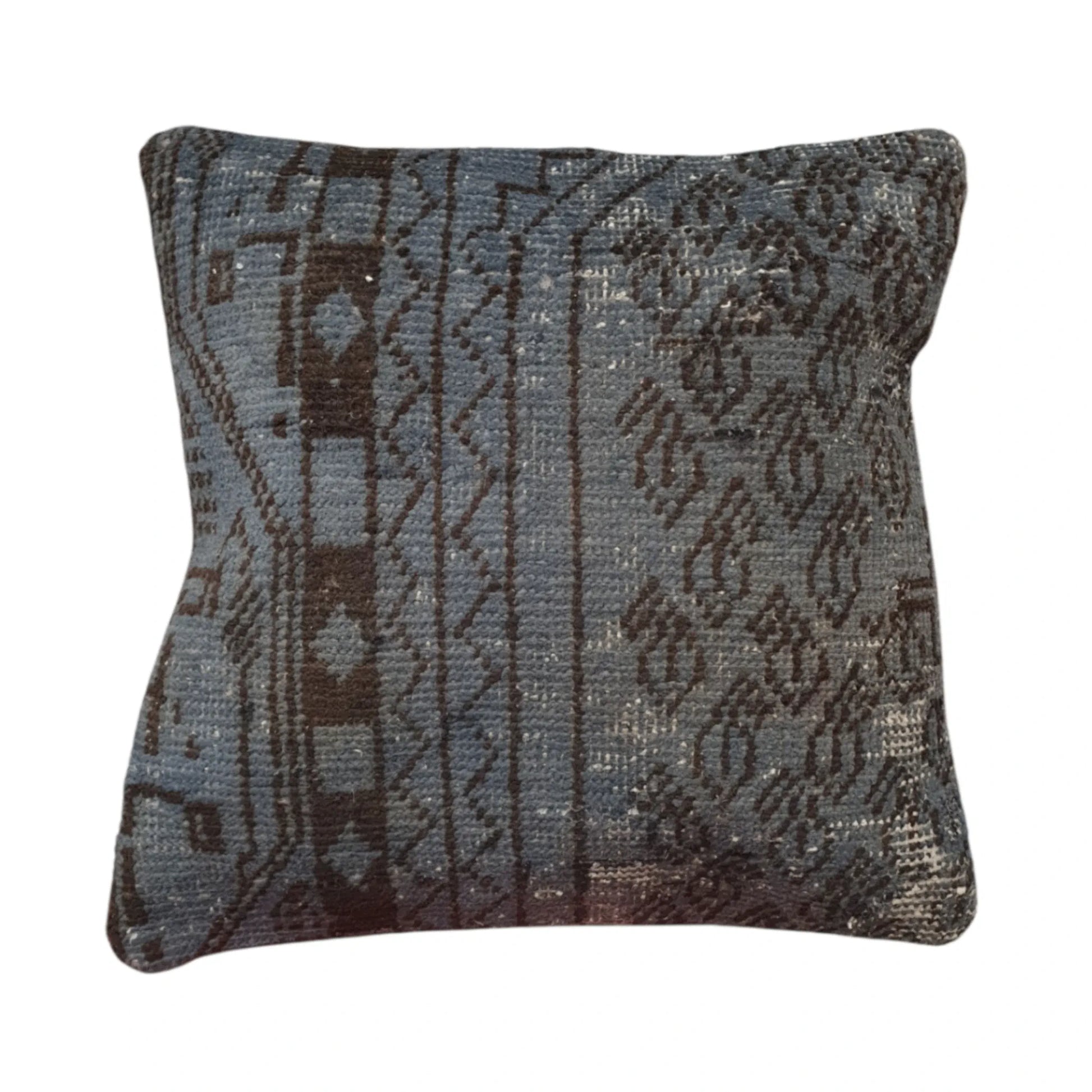 Front view of vintage Persian slate blue overdyed cushion cover with dark brown floral and border motifs, approximately 45 x 45 cm