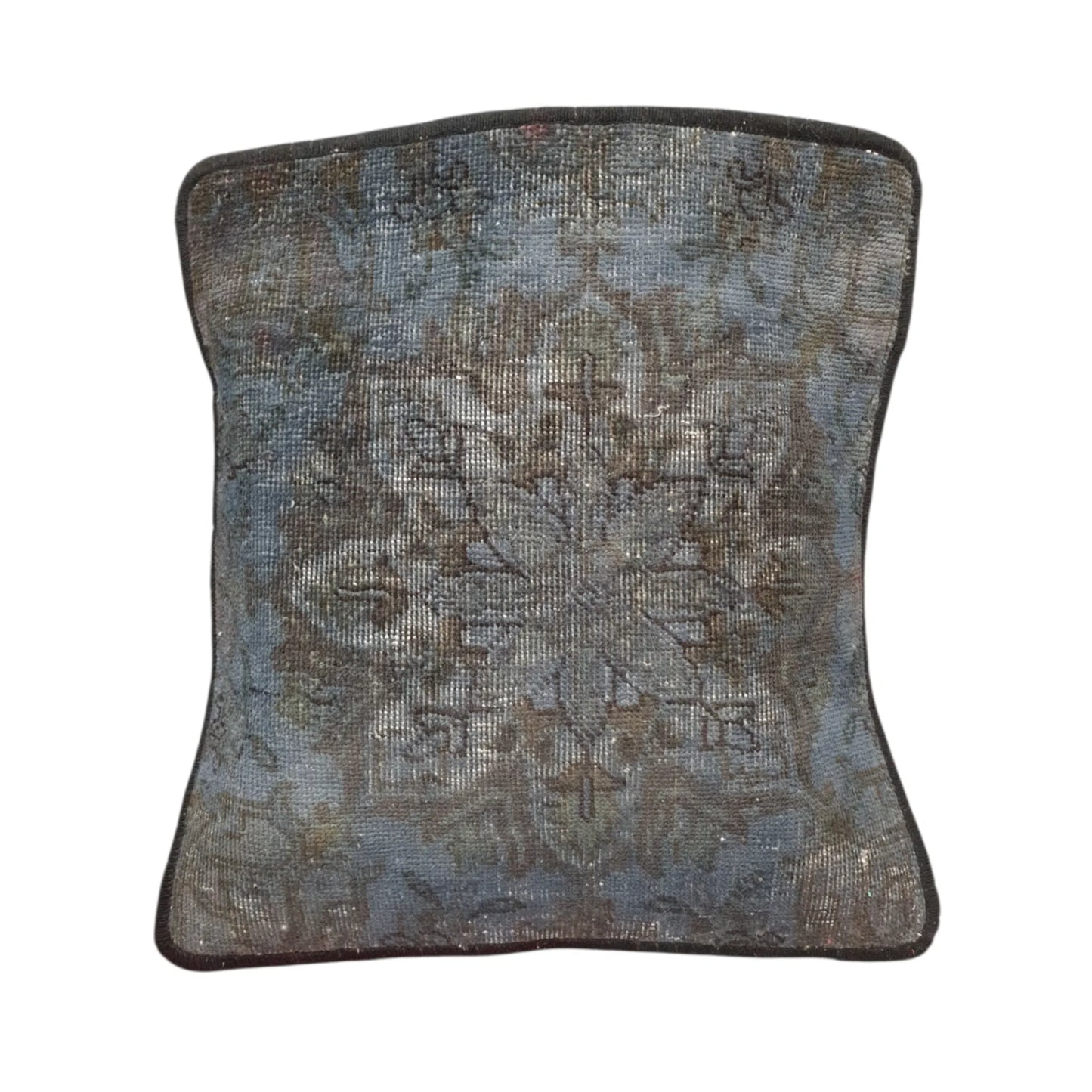 Front view of vintage Persian smoky blue overdyed cushion cover with dark brown floral medallion, approximately 45 x 45 cm