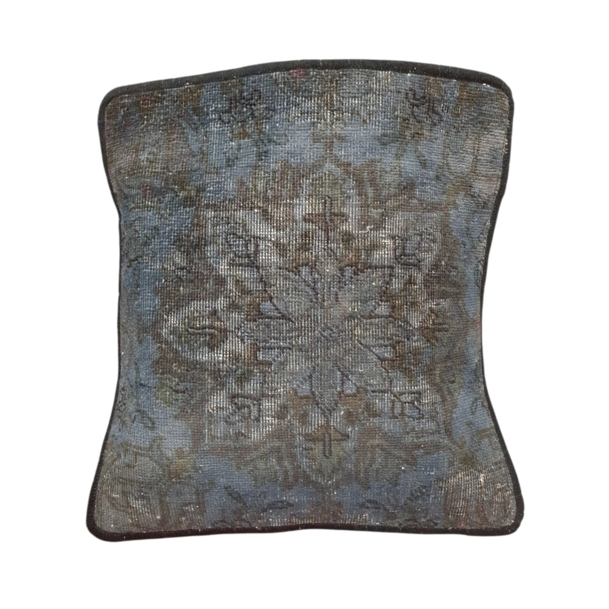 Front view of vintage Persian smoky blue overdyed cushion cover with dark brown floral medallion, approximately 45 x 45 cm
