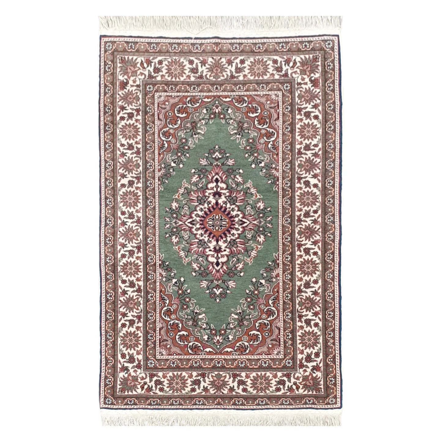 Full view of a vintage Persian Tabriz fine hand-knotted wool rug in sage green, 137 x 86 cm
