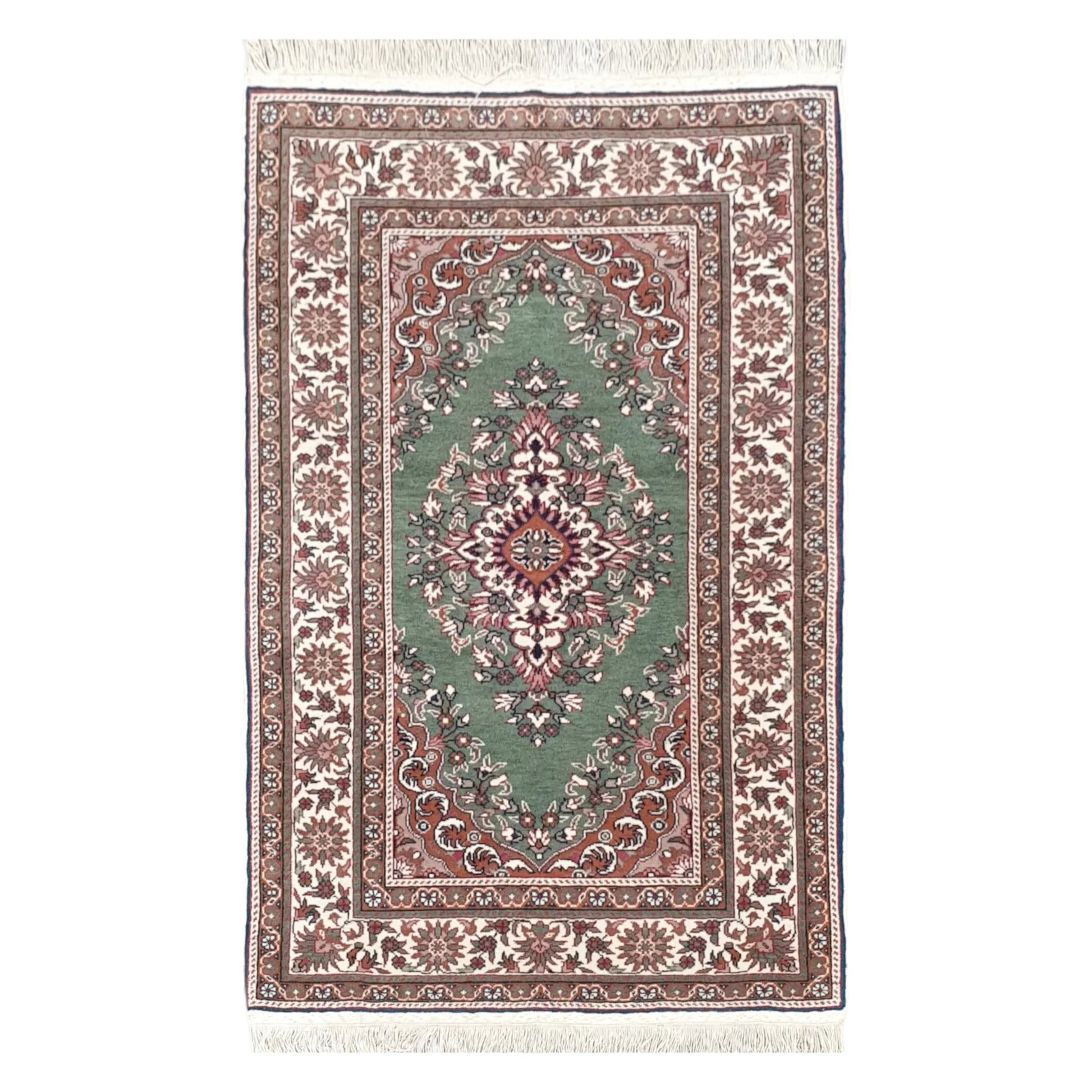 Full view of a vintage Persian Tabriz fine hand-knotted wool rug in sage green, 137 x 86 cm
