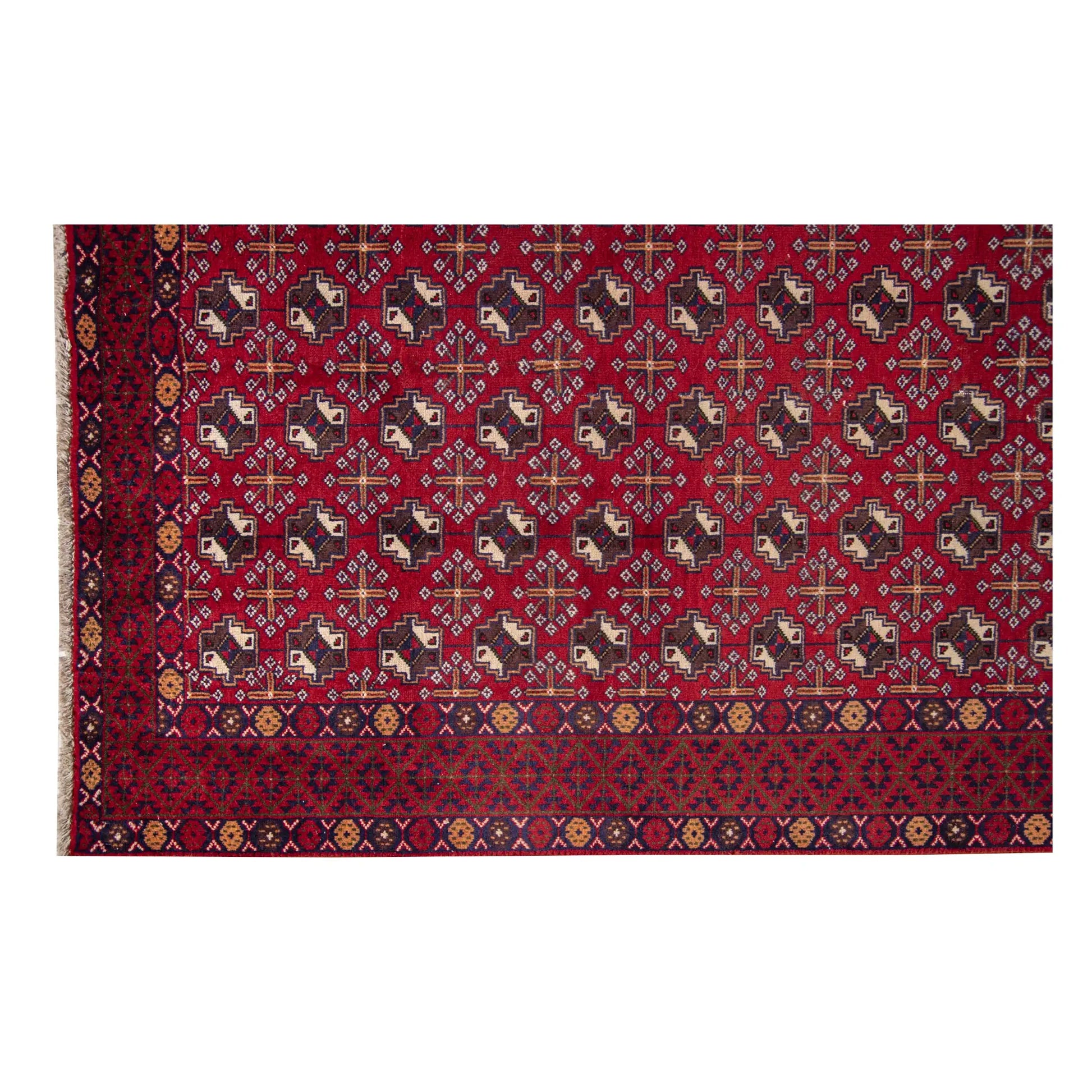 End border and field detail of vintage Persian Turkoman rug with tribal motifs