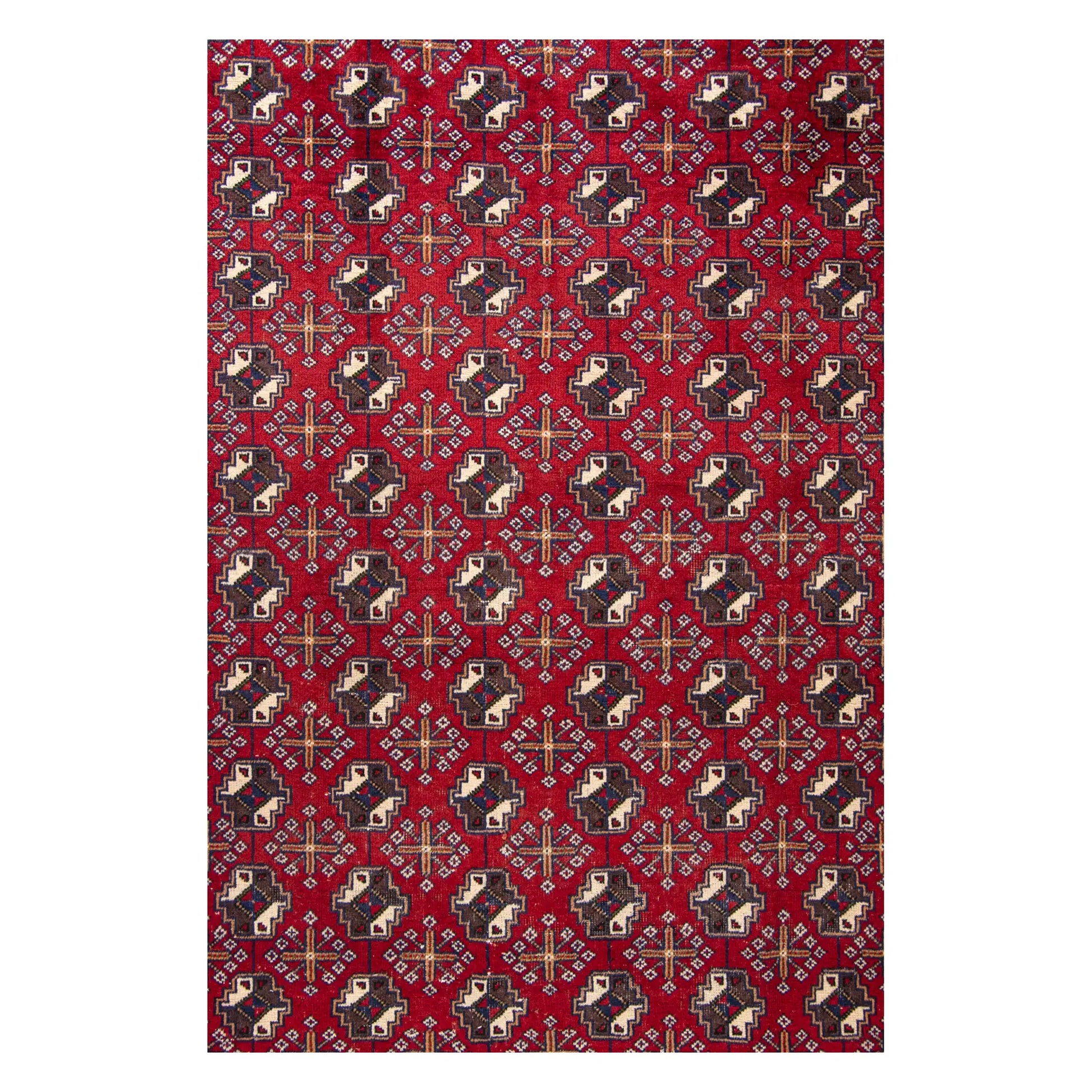 Field motif detail of Persian Turkoman hand-knotted wool rug with red geometric pattern