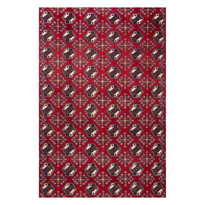 Field motif detail of Persian Turkoman hand-knotted wool rug with red geometric pattern