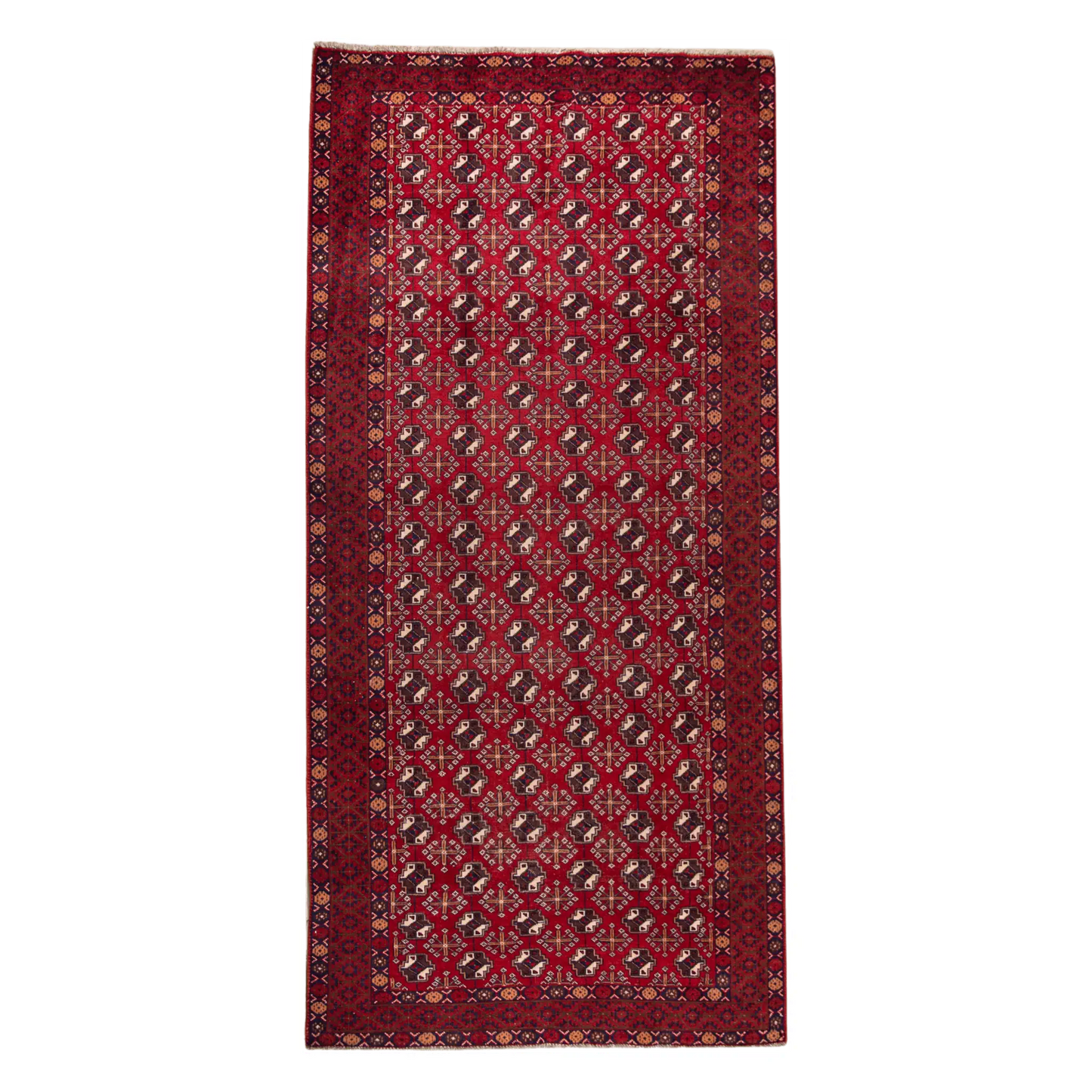 Full view of vintage Persian Turkoman hand-knotted wool rug 283 x 136 cm with red field