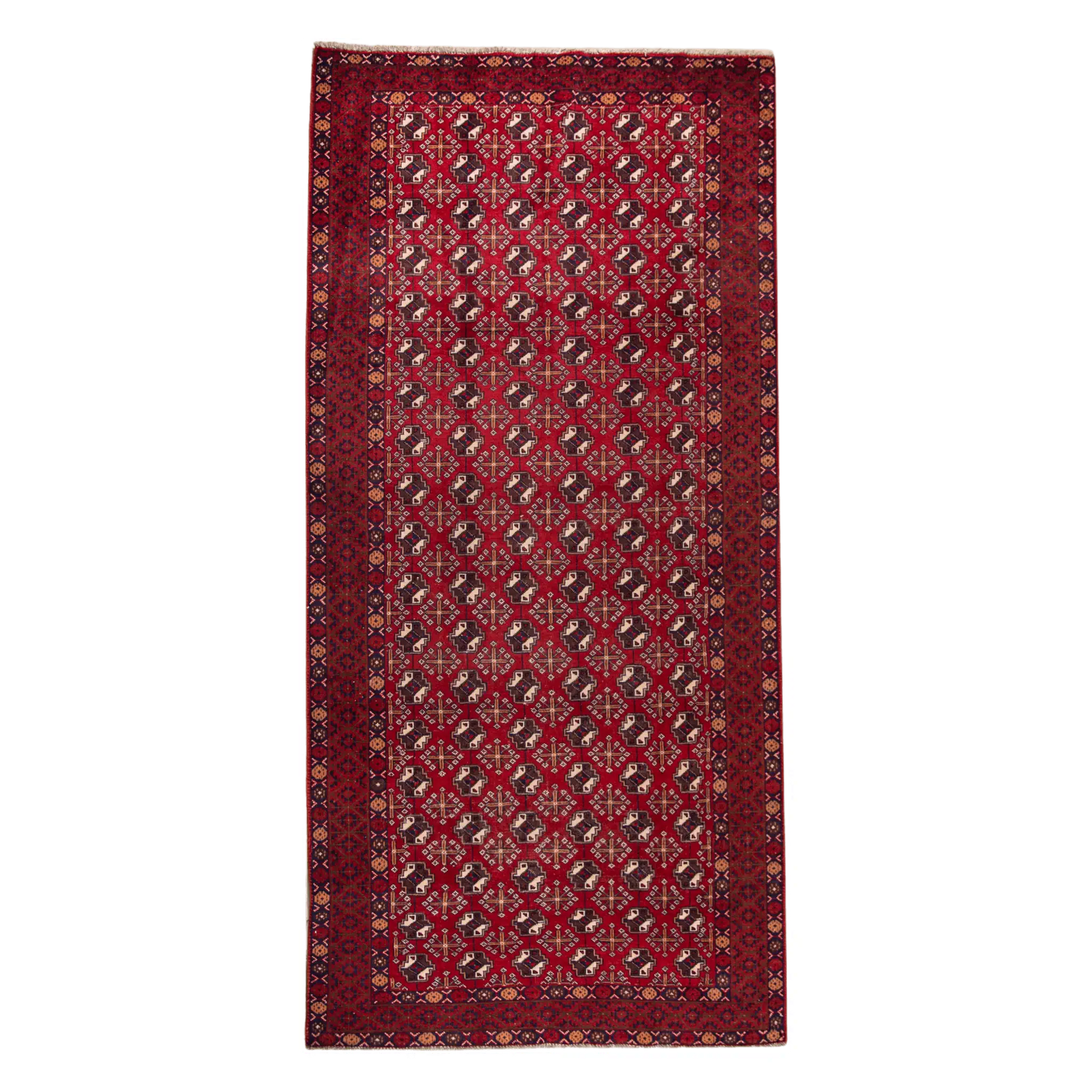 Full view of vintage Persian Turkoman hand-knotted wool rug 283 x 136 cm with red field