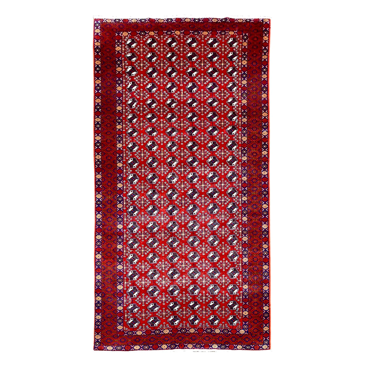 Full view of vintage Persian Turkoman hand-knotted wool rug with deep red repeating gul field and layered borders, 283 x 136 cm