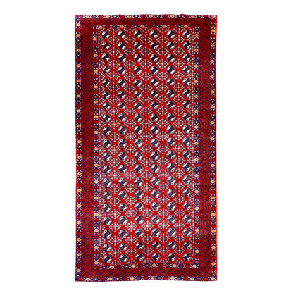 Full view of vintage Persian Turkoman hand-knotted wool rug with deep red repeating gul field and layered borders, 283 x 136 cm
