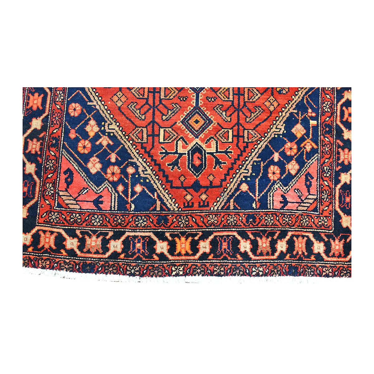 Fringe and end-border detail of vintage Zanjan rug with red, navy, ivory and muted blue angular motifs