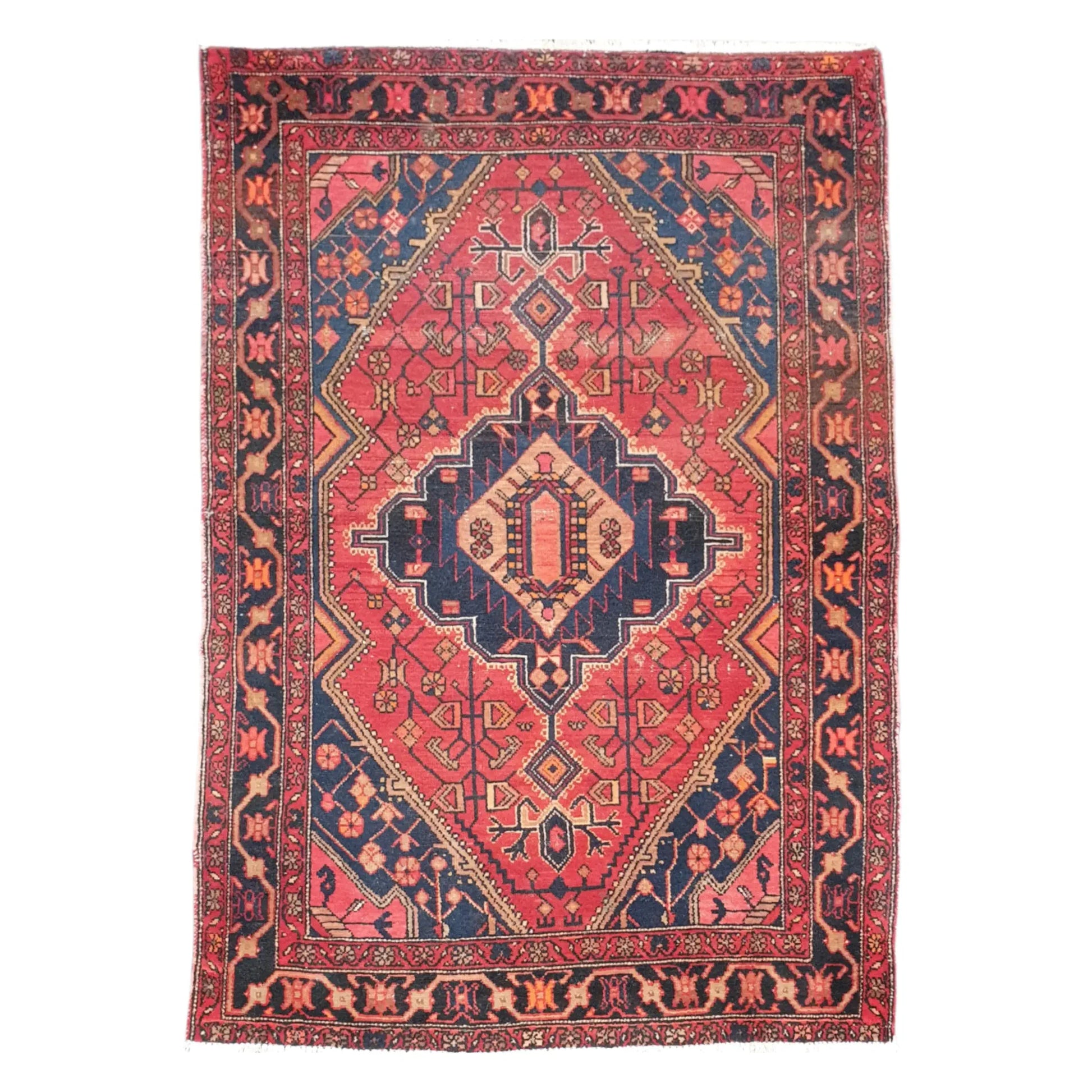 Full view of vintage Persian Zanjan wool rug 200 x 138 cm with red field and geometric medallion