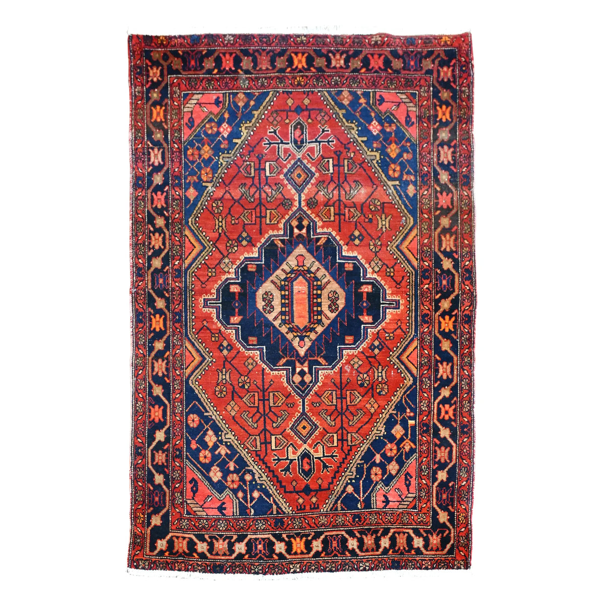 Full view of vintage Persian Zanjan wool rug with brick-red field, dark navy central medallion and layered borders, 200 x 138 cm