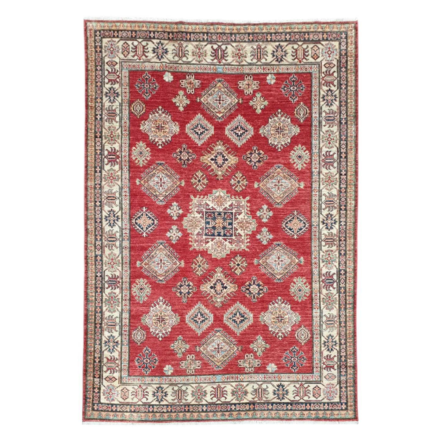 Full view of a vintage Super Kazak hand-knotted wool rug with a red field and geometric medallions, 246 x 185 cm