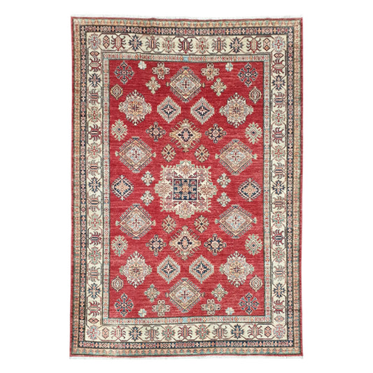 Full view of a vintage Super Kazak hand-knotted wool rug with a red field and geometric medallions, 246 x 185 cm