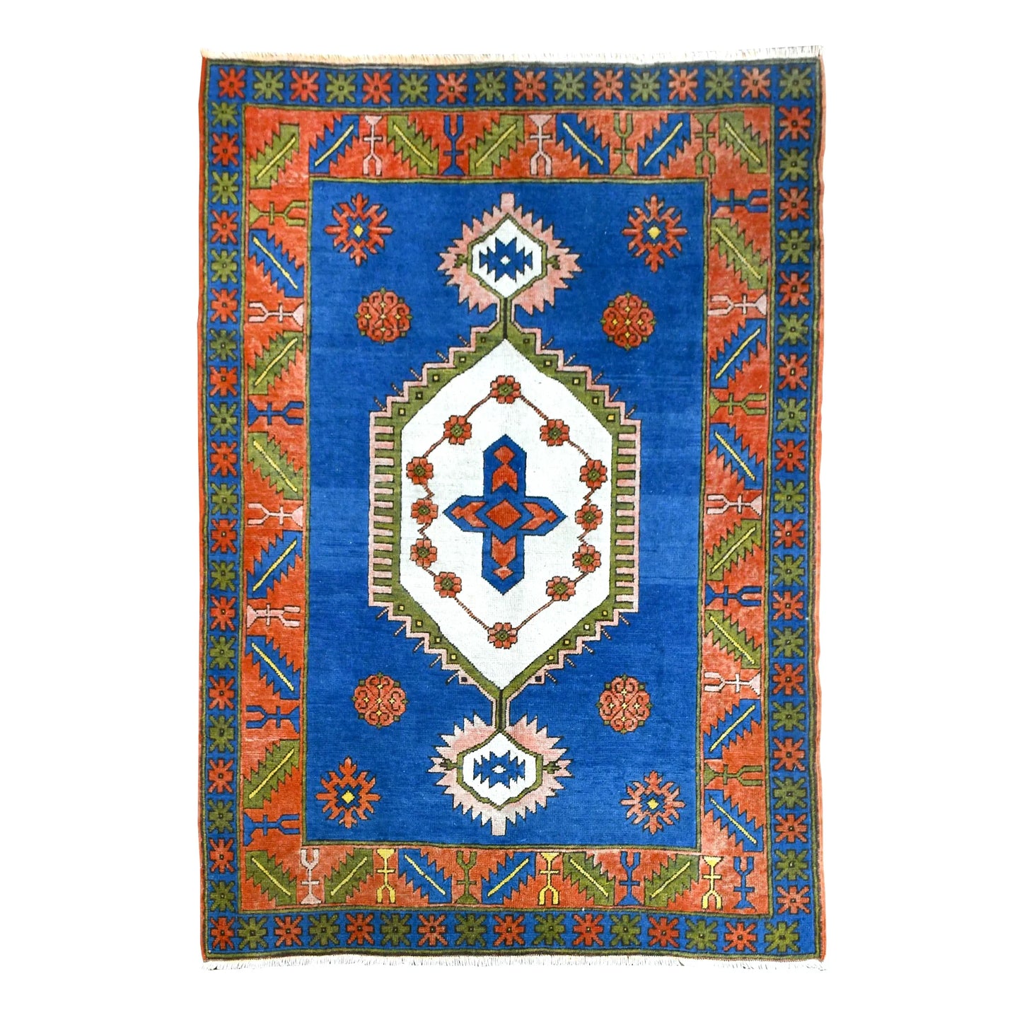 Full view of vintage Turkish Anatolian hand-knotted wool rug with cobalt-blue field and ivory medallion, 227 x 165 cm