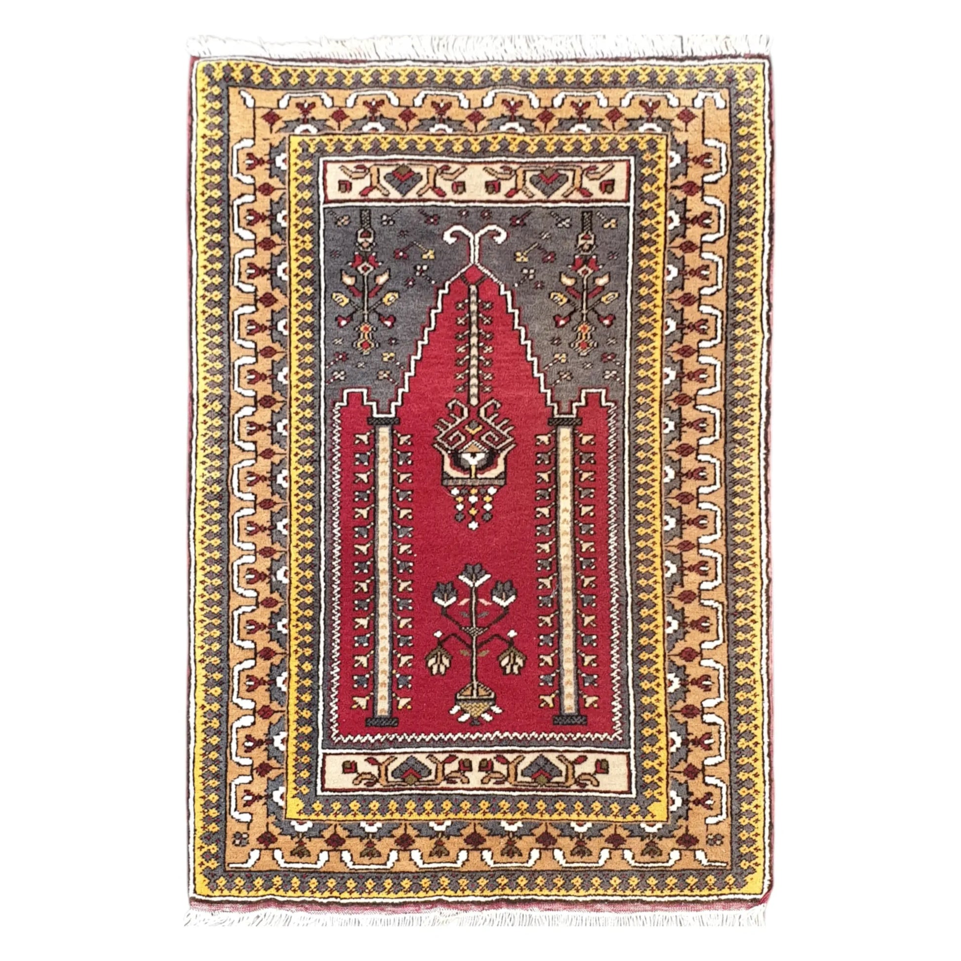 Full view of a vintage Turkish Kula hand-knotted wool rug in red with a niche design, 122 x 82 cm