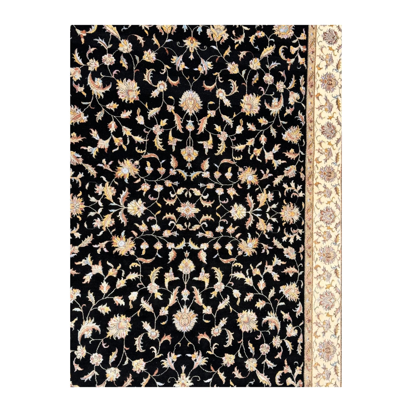 Close-up of black Ziegler rug showing the detailed floral field and beige border