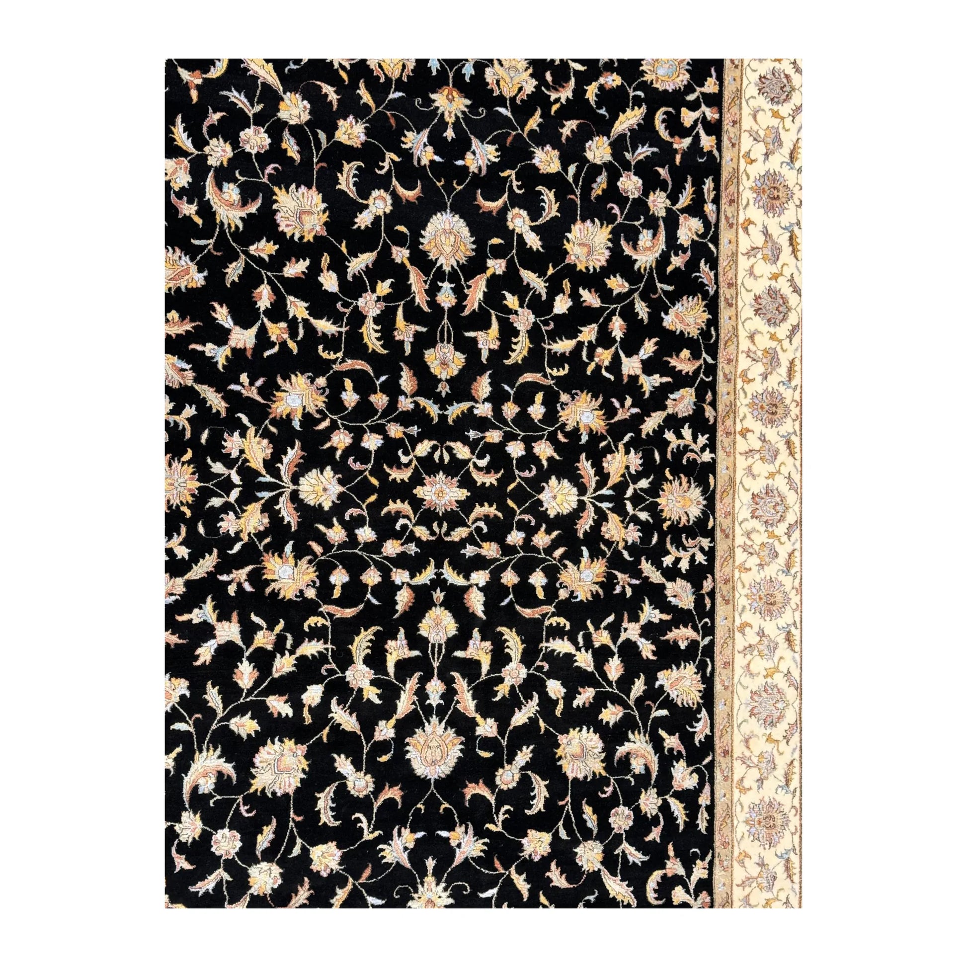 Close-up of black Ziegler rug showing the detailed floral field and beige border