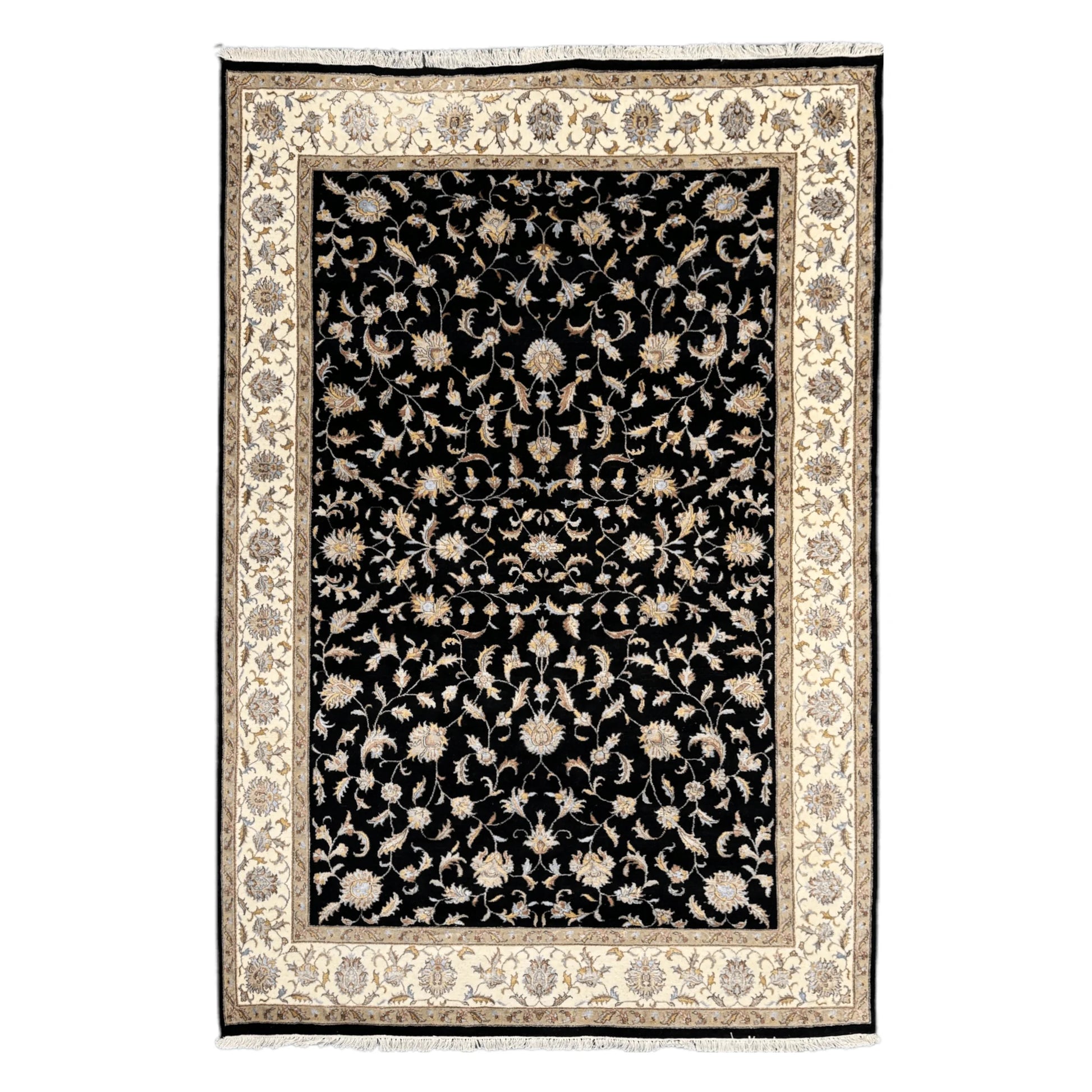 Full view of black Ziegler hand-knotted wool and silk rug with beige floral border, 295 x 196 cm